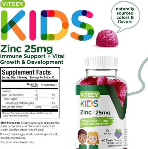 Miniatura 4 de Viteey Gomitas de zinc para niños, 25 mg - Apoyo inmunológico - Potente antioxidante natural, suplemento de vitamina de zinc para niños, vegano, sin