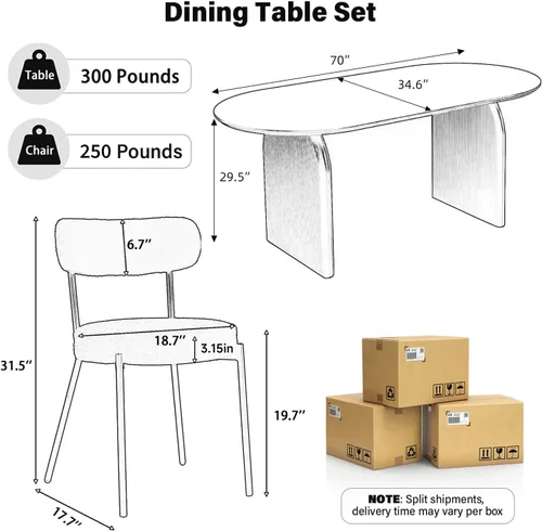 Miniatura 2 de Juego de mesa de comedor ovalada moderna de 70 pulgadas con 6 sillas de tela Boucle, mesa de MDF y base resistente a rayas, muebles de cocina