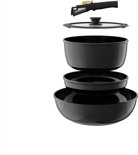 Miniatura 10 de Juego de ollas y sartenes antiadherentes, juego de utensilios de cocina de cerámica con mango desmontable, juego de cocina de camping RV con mangos