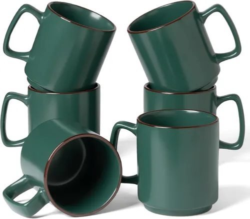 Miniatura 9 de famiware Juego de 6 tazas de café Nebula de 14 onzas, juego de tazas de cerámica con asa para café con leche, té, leche, capuchino, cacao, negro mate