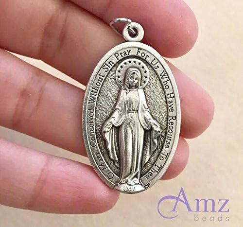 Miniatura 3 de AMZ Beads - Mayorista de muchos colgantes de medalla milagrosa XL de María 175 pulgadas de alto x 1 pulgadas de ancho acabado de buey plateado