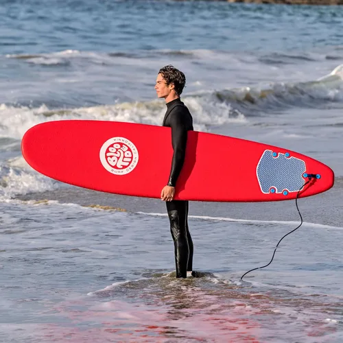 Miniatura 3 de Bloo Tide Tabla de surf de 8 pies con parte superior suave roja con diseño de Wavizm azul gráfico inferior