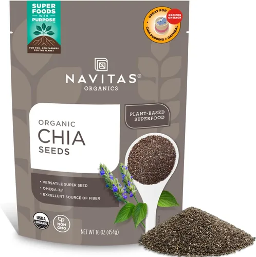 Navitas Organics Semillas de chía - Para pudín de chía, batidos, hornear, ensaladas y más - Omega 3, fibra, minerales - USDA orgánico, sin OMG,