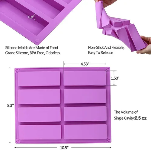 Miniatura 2 de Molde de silicona rectangular grande, 2 unidades de barra de granola de 8 cavidades, moldes de barra de cereales para hornear para barra energética