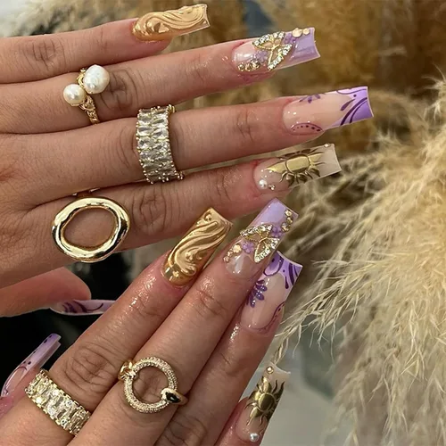 Miniatura 9 de IMSOHOT Uñas postizas, acrílicas de color naranja mate, puntas francesas cuadradas, 24 unidades, uñas extra largas con pegamento con bonitos diseños
