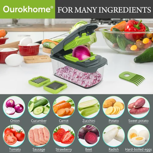Miniatura 8 de Picadora de verduras Ourokhome con recipiente, picadora manual de verduras con 2 cuchillas de corte para tiras de papa, cubos de cebolla, palitos