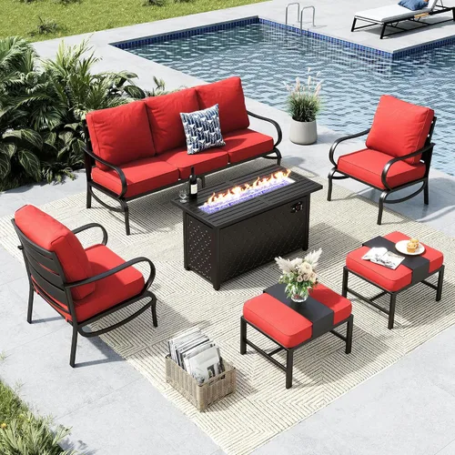 Miniatura 64 de MFSTUDIO Juego de 4 piezas de conversación para patio, marco de metal para todo tipo de clima, muebles de exterior con 1 mesa rectangular de propano