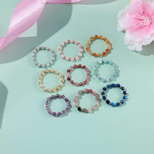 Miniatura 4 de Anillo de cuentas de cristal, piedras preciosas naturales, amatista, cuarzo rosa, aguamarina, turmalina, ojo de tigre, minimalista, anillo apilable