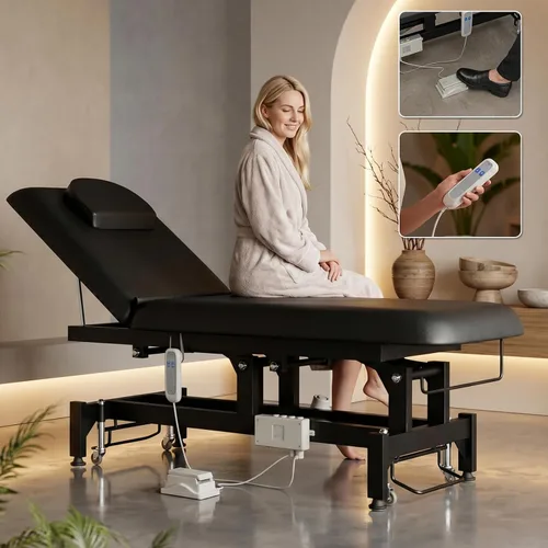 Icoget Mesa de masaje eléctrica con controles de manos y pies, cama facial de elevación ajustable para esteticista, depilación de salón, Negro