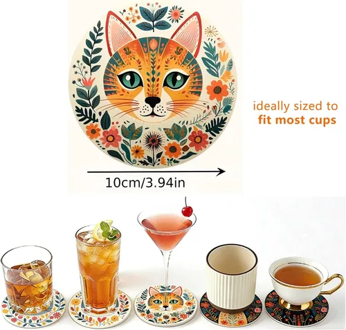 Miniatura 4 de Juego de 6 posavasos de madera para bebidas, diseño de gato hecho a mano, grueso, resistente al calor, para cerveza, café, oficina, bar, decoración