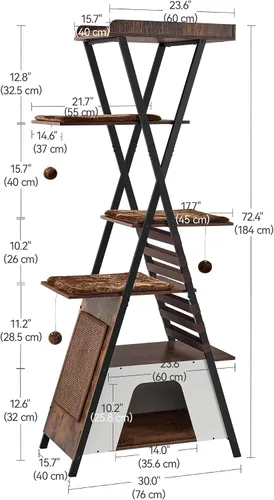 Miniatura 5 de FourFurPets Árbol para gatos de 72.4 pulgadas, torre moderna para gatos de interior, condominio para gatos de varios niveles con cuevas, árbol alto