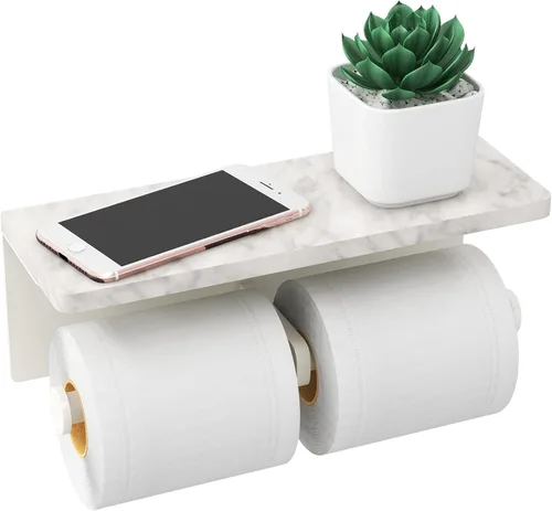 Soporte de papel higiénico blanco con estante, nuevo soporte de papel higiénico doble mejorado con almacenamiento, soporte de papel higiénico de