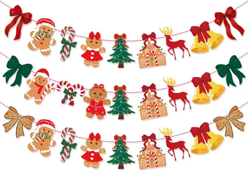 3 unidades de pancarta de Navidad con lazo vintage, lazos verdes y rojos, árbol de Navidad, árbol de Navidad, hombre de jengibre, guirnalda de