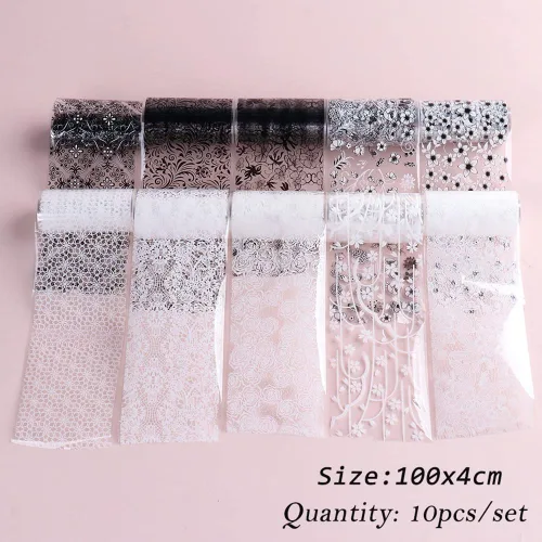 Miniatura 5 de Calcomanías de transferencia de papel de aluminio de encaje para decoración de uñas, calcomanías de transferencia de flores blancas y negras