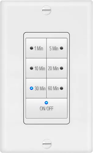 Maxxima Interruptor temporizador de cuenta regresiva de 1875 W, 7 botones, retardo máximo de 60 minutos, 1/2 HP para extractores de baño,