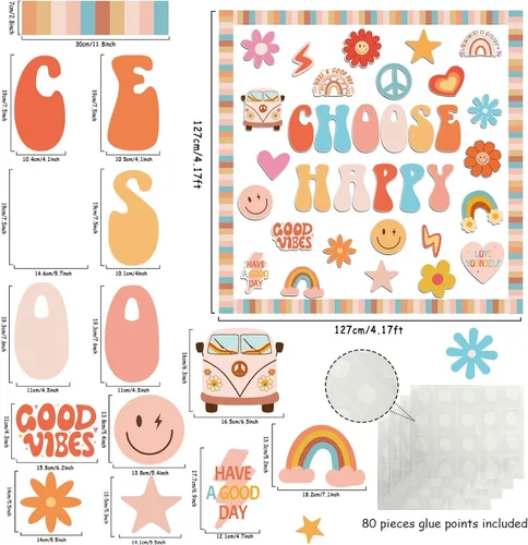 Miniatura 2 de ZOiiWA Groovy - Juego de decoración de tablón de anuncios retro, estilo hippie y bohemio, juego de tablón de anuncios para escuela, autobús escolar