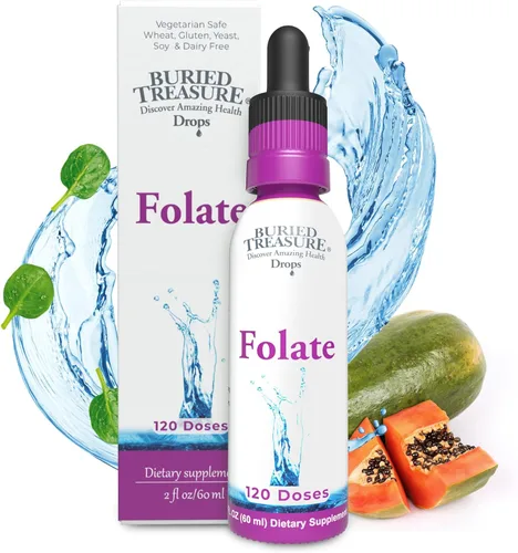 Buried Treasure Gotas de folato - B-9 metilado (calcio L-5 metiltetrahidrofolato), apoya la producción de energía, la salud del corazón y el