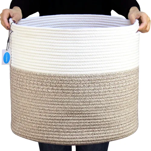 Miniatura 13 de Casaphoria Cesta de almacenamiento de cuerda de algodón para organizar, cesta redonda para mantas, sala de estar, cesta de lavandería tejida