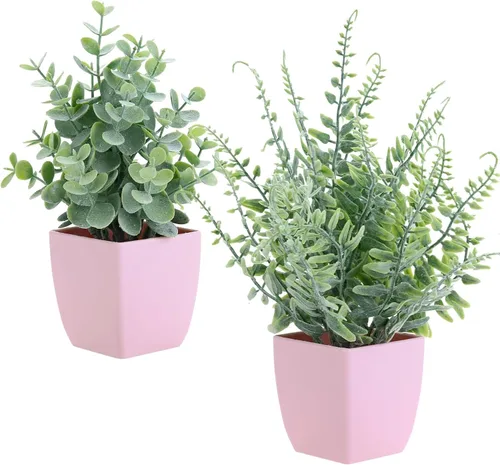Miniatura 10 de summer flower Paquete de 2 plantas falsas en maceta, pequeñas plantas artificiales de eucalipto en maceta, romero sintético en maceta
