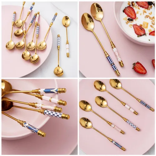 Miniatura 4 de Cucharas de café de acero inoxidable chapadas en oro, cucharaditas de acero inoxidable, cuchara de cerámica, cuchara de té y café para postre