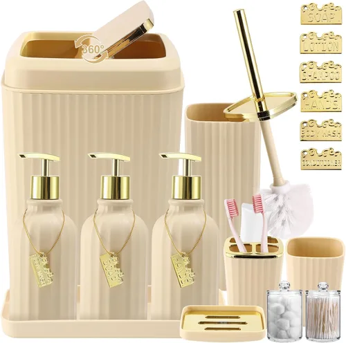 Miniatura 35 de 21PCS Bathroom Sets with Shower Curtain and Rugs Bathroom Accessories Set Beige Bathroom Set Complete with Trash Can, Toilet Brush, Qtip Holder &