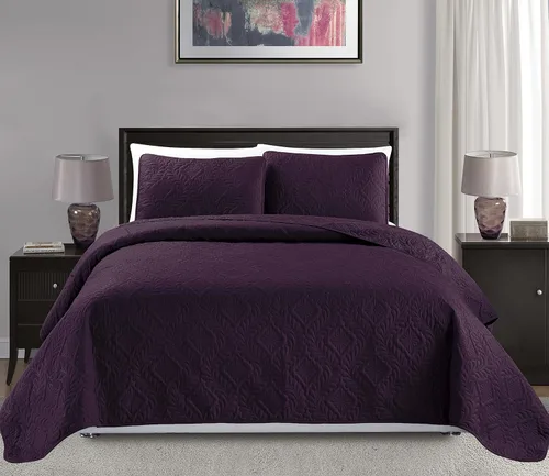 Miniatura 21 de Colección Mk King/California King Tamaño Extra Grande 118"x106" Colcha Cobertor de Cama de 3 Piezas con Diseño de Diamantes Realzado Sólido Borgoña