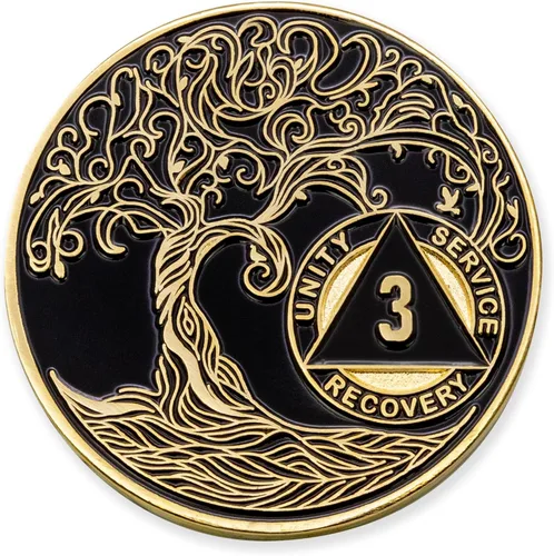 Moneda de sobriedad del árbol de la vida retorcido de 1 a 50 años, fichas AA y medallones chapados en oro, moneda de sobriedad de 3 años, color negro