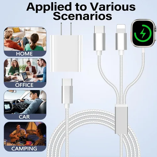 Miniatura 7 de Esenciales de viaje para cargador de Apple Watch, cargador de iPhone, cable de carga múltiple 3 en 1 tipo C/Lightning/magnético con bloque