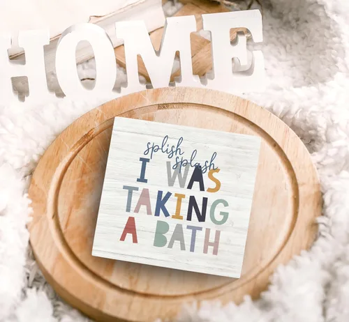 Miniatura 4 de SRADMO Caja de madera con texto en inglés "Splish Splash I Was Taking a Bath" para decoración de escritorio, divertida caja de bloques de madera