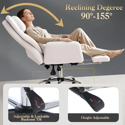 Miniatura 4 de Silla de oficina ejecutiva de respaldo alto con reposapiés, piel sintética reclinable, soporte lumbar, estilo entrecruzado, reclinación de 155° Beige