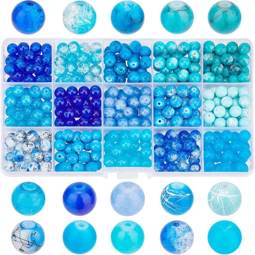 PH PandaHall 450 cuentas de vidrio azul de 0.315 pulgadas, 15 estilos de cuentas de vidrio agrietadas de color azul marino, cuentas redondas sueltas