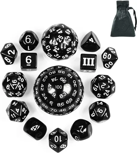 Miniatura 16 de Juego completo de 15 dados poliédricos DND D3-D100 con bolsa de dados de ojo de dragón, dados D100 para juegos de mesa RPG (negro con números azules)