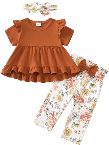 Miniatura 102 de Kucnuzki Conjunto de ropa para bebé niña pequeña, camisa de manga con volantes, pantalón floral, ropa de otoño e invierno para niña