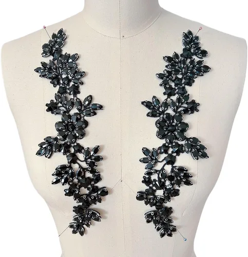 Disfraces de encaje, apliques de cuentas, parches de cristales de diamantes de imitación negros, diseñador, ropa de costura, escenario, baile, boda,