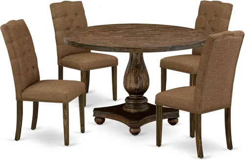 East West Furniture I2EL5-718 - Juego de mesa de comedor de 5 piezas, incluye una mesa de comedor redonda con pedestal y 4 sillas tapizadas de tela