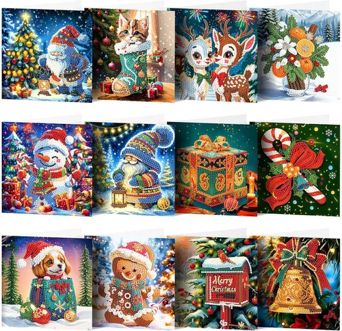 Miniatura 13 de LUSandy Paquete de 12 tarjetas de Navidad con pintura de diamante 5D para adultos, tarjetas de felicitación de arte con diamantes para gatos