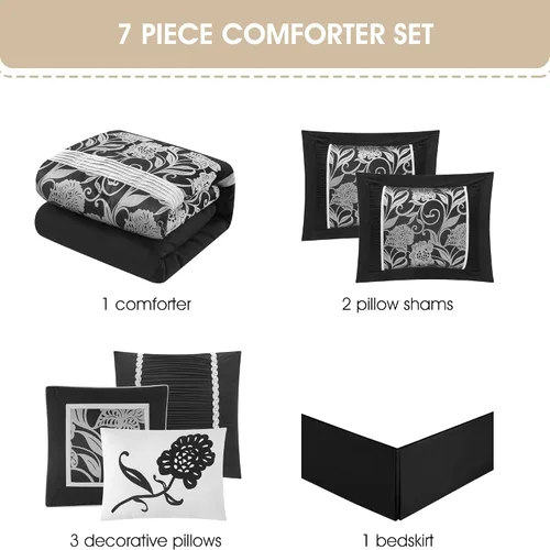 Miniatura 4 de Grand Avenue Juego de edredón negro plateado tamaño Queen, juego de ropa de cama jacquard floral de 7 piezas, para todas las estaciones, ultrasuave