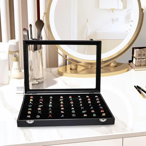 Miniatura 2 de Wuligirl - Bandeja organizadora de anillos con 100 ranuras y tapa transparente, organizador apilable de joyas como aretes, collares y anillos