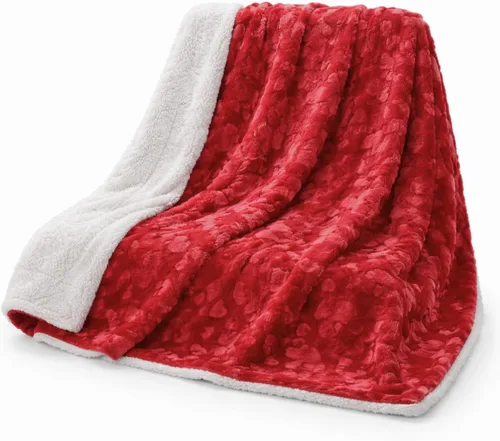 DaDa Bedding Manta de Tiro Romántica de Piel Sintética Roja para San Valentín - Corazones Encantadores Mullidos Felpa Sherpa en el Reverso con Forro