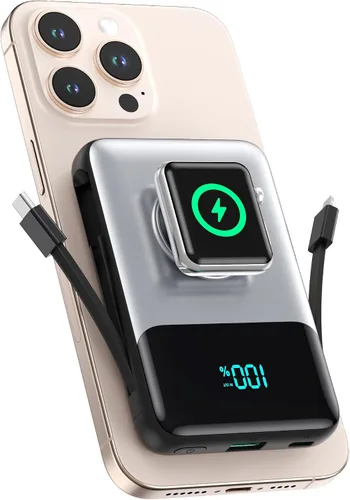 Miniatura 11 de Cargador portátil magnético para iPhone con cable incorporado, banco de energía inalámbrico de 10800mAh para Magsafe, esencial de viaje, paquete