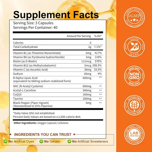 Miniatura 5 de Totaria Ácido R Alfa Lipoico 600mg - Suplemento de ALA Estabilizado para Soporte de Neuropatía, Salud de los Nervios, Sistema Nervioso