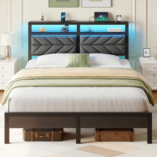 Miniatura 10 de Seventable Base de cama tamaño Queen con estación de carga, cama LED con cabecera de almacenamiento tapizada, cama de plataforma de metal con Gris