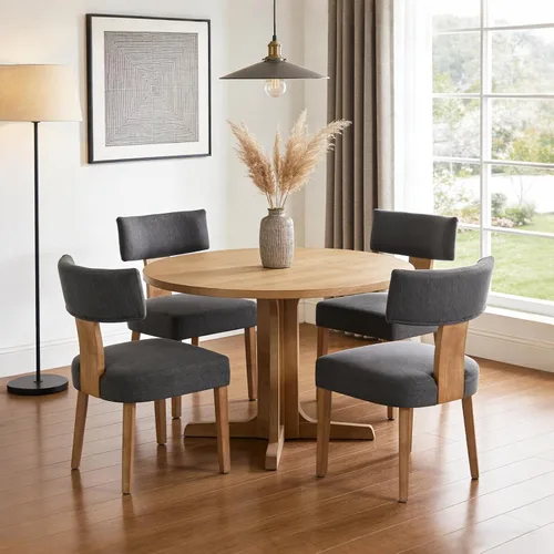 Miniatura 9 de Juego de 2 sillas de comedor modernas, sillas de cocina tapizadas con respaldo curvo, sillas de comedor de lino de granja, cómodas sillas de madera