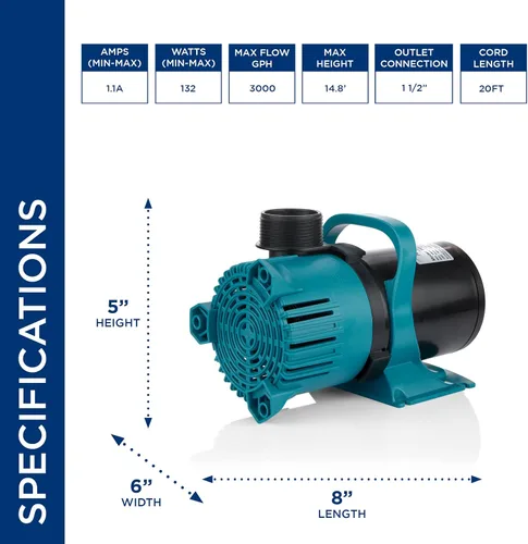 Miniatura 3 de Alpine Corporation PEG3000 Bomba sumergible de ahorro de energía Vortex de 3000 GPH — Diseño duradero y eficiente para estanques, cascadas