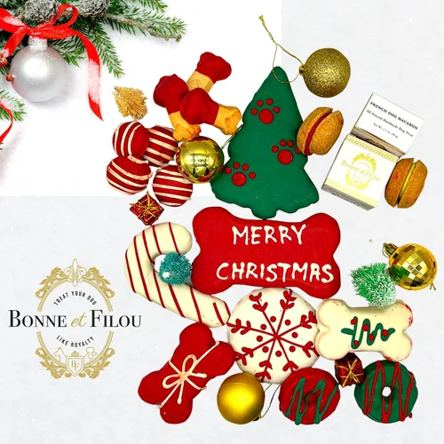 Miniatura 6 de Bonne et Filou - Bocadillos navideños para perros, caja de regalo gourmet de lujo, 18 macarrones diseñados a mano, trufas y galletas de hueso