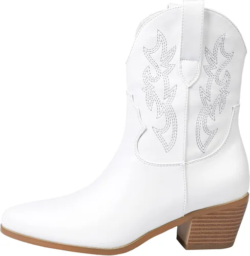 Miniatura 2 de STALOV Botas vaqueras occidentales para mujer, bordadas, plateadas, hasta el tobillo, punta puntiaguda, sin cierre, tacón de bloque, casual