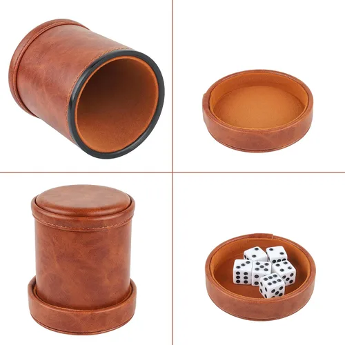 Miniatura 5 de Taza de dados de piel sintética marrón con tapa, taza de terciopelo interior silenciosa con 6 dados para juegos de dados mentirosos, Farkle/Yahtzee