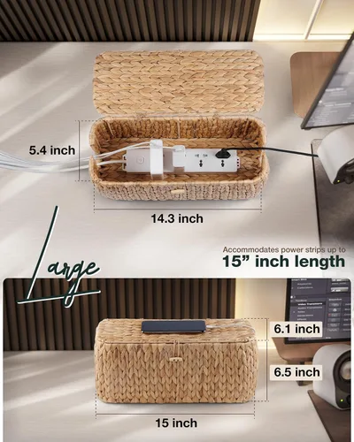 Miniatura 4 de BLUEWEST Caja organizadora de cables, caja organizadora de jacinto de agua, organizador de cables de ratán duradero con ranuras dobles abiertas