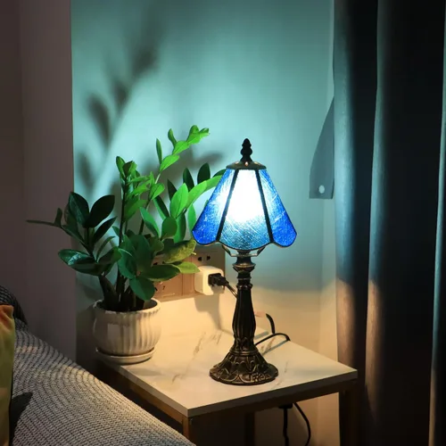 Miniatura 7 de Tiffany Style Table Lamp Blue Rippled Stained Glass Lamp 14 Inch Small Lamp,Desk Lamps,6X6X14 Inch,Bronze Resin Base, Antique Lamp,Mini Accent
