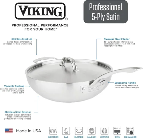 Miniatura 3 de Viking Culinary Professional - Sartén de chef de acero inoxidable de 5 capas, 12 pulgadas, incluye tapa de acero y mango ergonómico que se mantiene